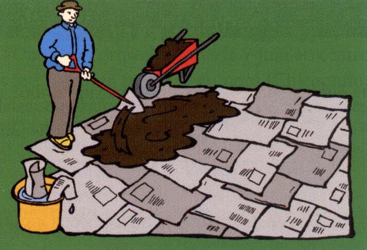 Dibujo de una persona esparciendo suciedad en hojas de periódico.
